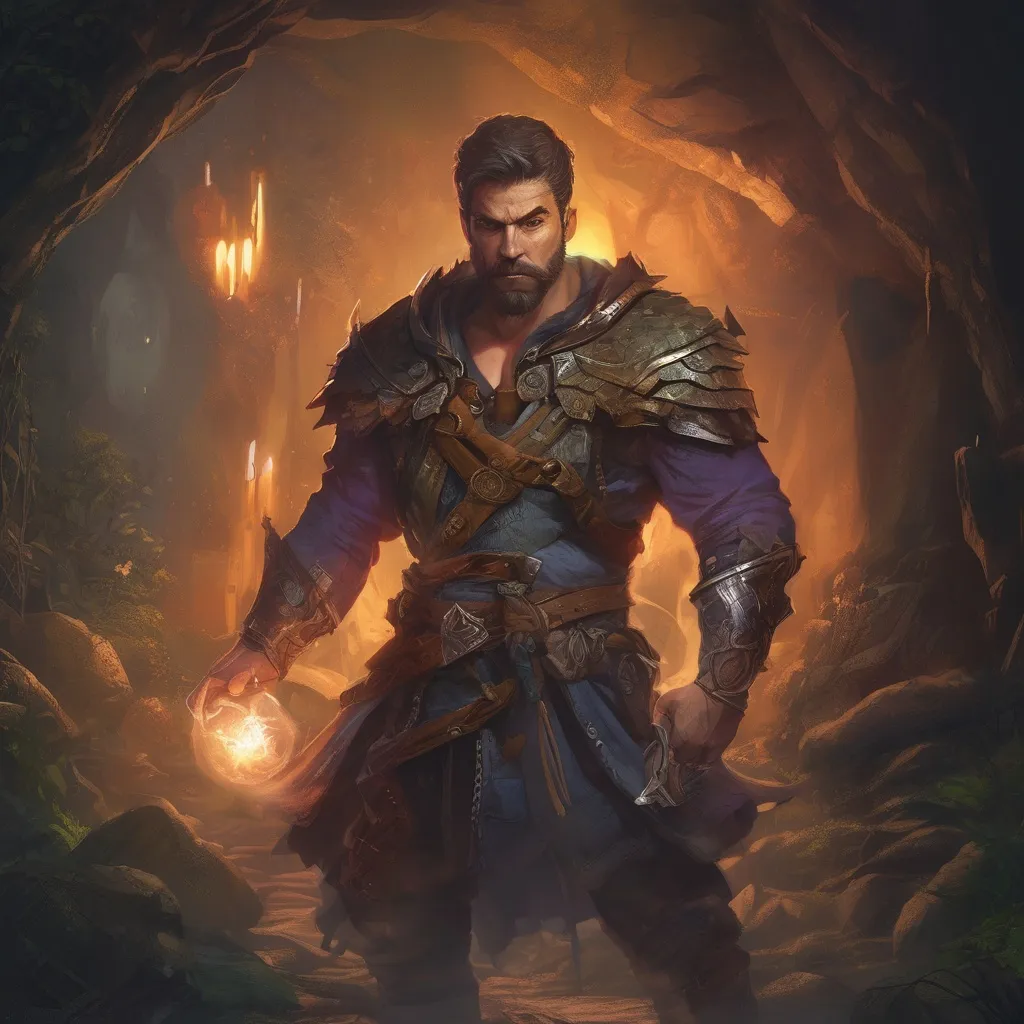 Prompt: (Full body) male stocky handsome muscular beefy warlock with short-cut hair and beard, casting a swirly magic spell, in a forest cave at night pathfinder, d&d setting, in a realistic high quality digital art style