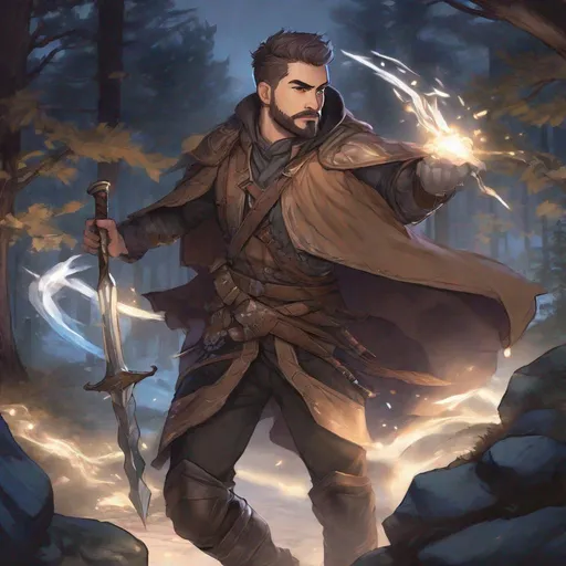 Prompt: (Fullbody) male brawler manly face short-cut hair with grey, short-bearded, leather shirt, no shirt, heavy belt , swirly magic, brown boots, cloak, pathfinder, dungeons and dragons, outside a town by a forest at night, holding a weapon, in a painted style, realistic
