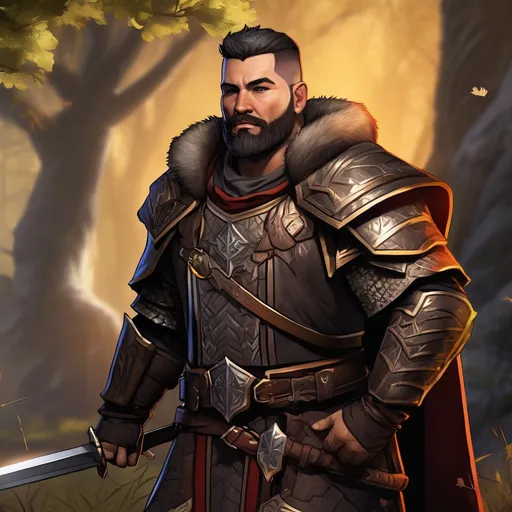 Prompt: (Full body) male stocky warpriest with short hair and beard, in dark lit nature background, pathfinder, d&d setting, in a realistic digital art style