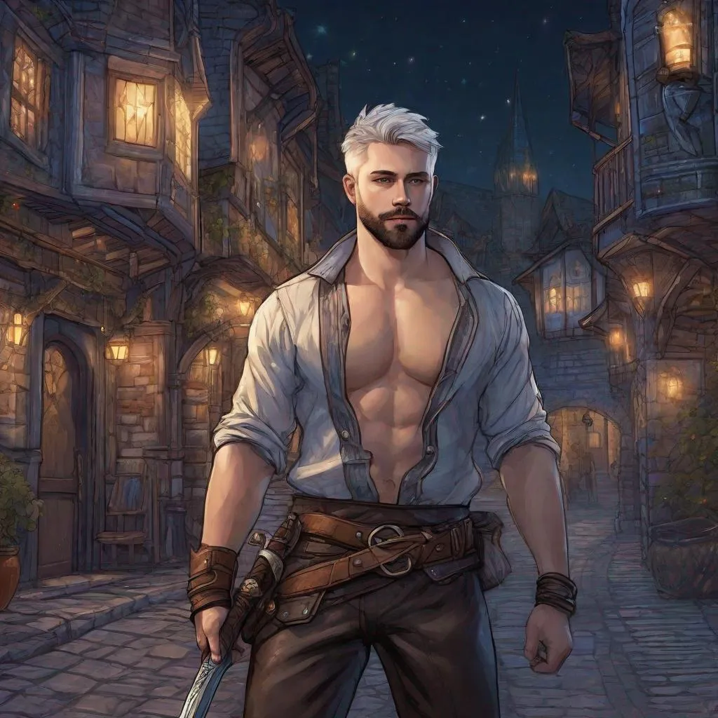 Prompt: (Full body) A male short-haired thief looks like jack lowden with open shirt hairy chest and short beard grey-striped hair, glowing magic, fantasy weapon, leather shirt with details, manly, pathfinder, dungeons and dragons fantasy setting, night time in a town street, in a painted style, realistic