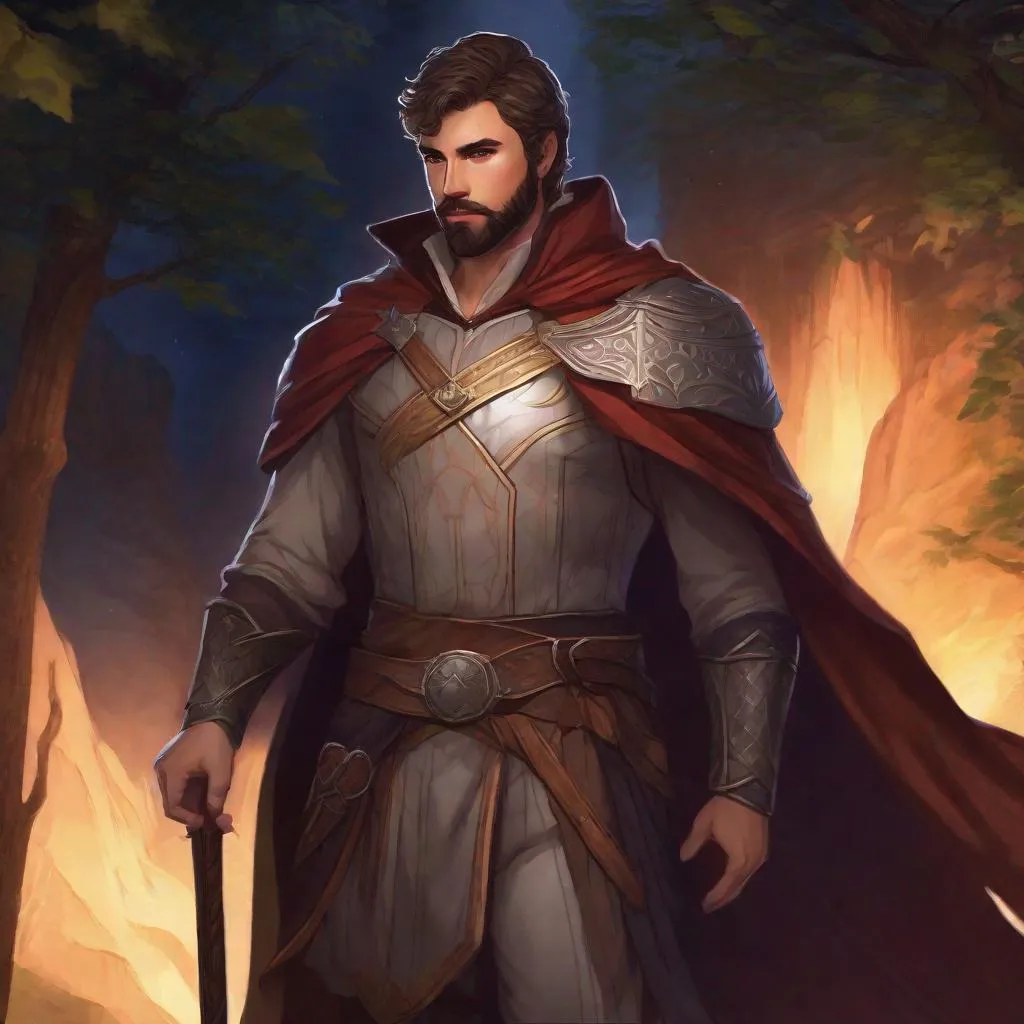 Prompt: (Full body picture) A noble with short-cut hair with bare hairy chest and short beard, no shirt, cloak, manly, fantasy setting, dungeons and dragons, outside of forest next to a mountain at night, in realistic digital art style