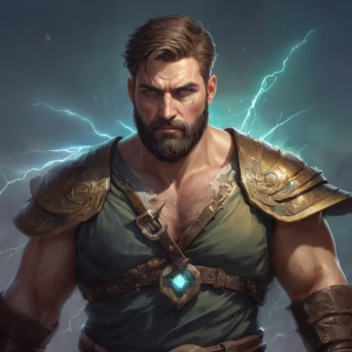 Prompt: (torso) Male stocky large fat beefy 37-year old enchanter with short-cut hair and beard, open shirt hairy chest, in combat casting a magic-ray out of hands in a windy path, pathfinder, d&d setting, in a realistic high quality digital art style, enhanced shadow quality, colorful