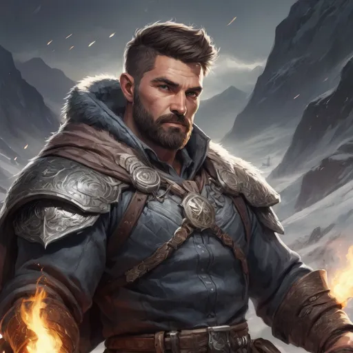 Prompt: Male heavy-set fit fat beefy 37-year old hunky oracle with short-cut hair and beard, holding magic fantasy-weapon, on a windy mountain field, pathfinder, d&d setting, enhanced shadow quality