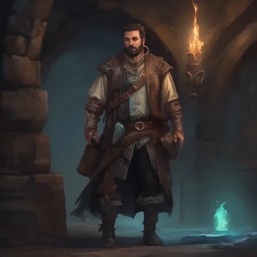 Prompt: (Full body) male stocky middle-aged magical artificer with black short-cut hair and beard, in a dark underground, pathfinder, d&d setting, in a realistic digital art style