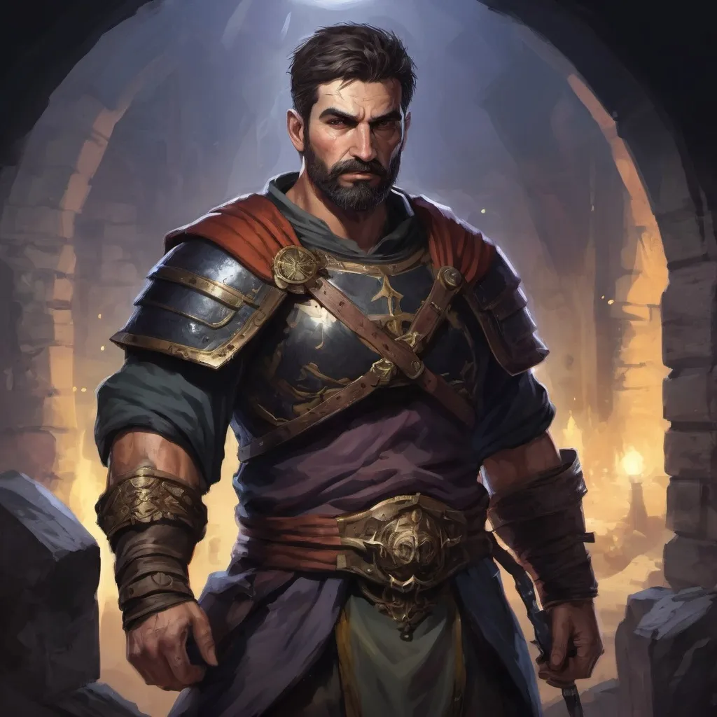Prompt: Male stocky large mature greek fighter with short-cut hair and beard, exploring a dark astral dungeon, pathfinder, d&d setting, enhanced shadow quality, colorful