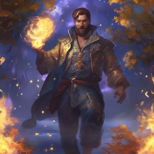 Prompt: (Full body) male stocky magus with short-cut hair and beard, casting a swirly astral-spell, in nature at night pathfinder, d&d setting, in a realistic digital art style