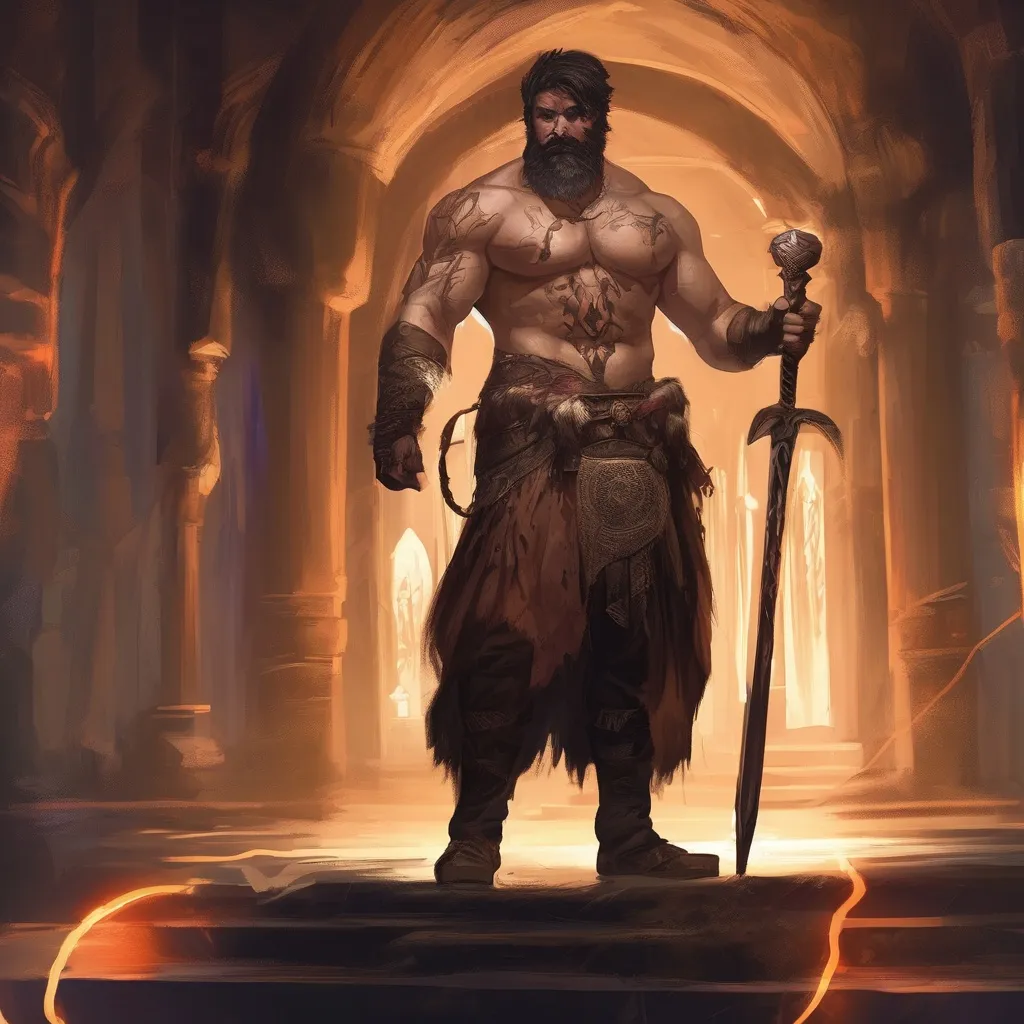 Prompt: (Full body) male stocky arcane-summoner with short-cut hair and beard, holding magic staff with swirly lights, no shirt on, very-hairy chest, in a dark underground dungeon temple, pathfinder, d&d setting, in a realistic digital art style