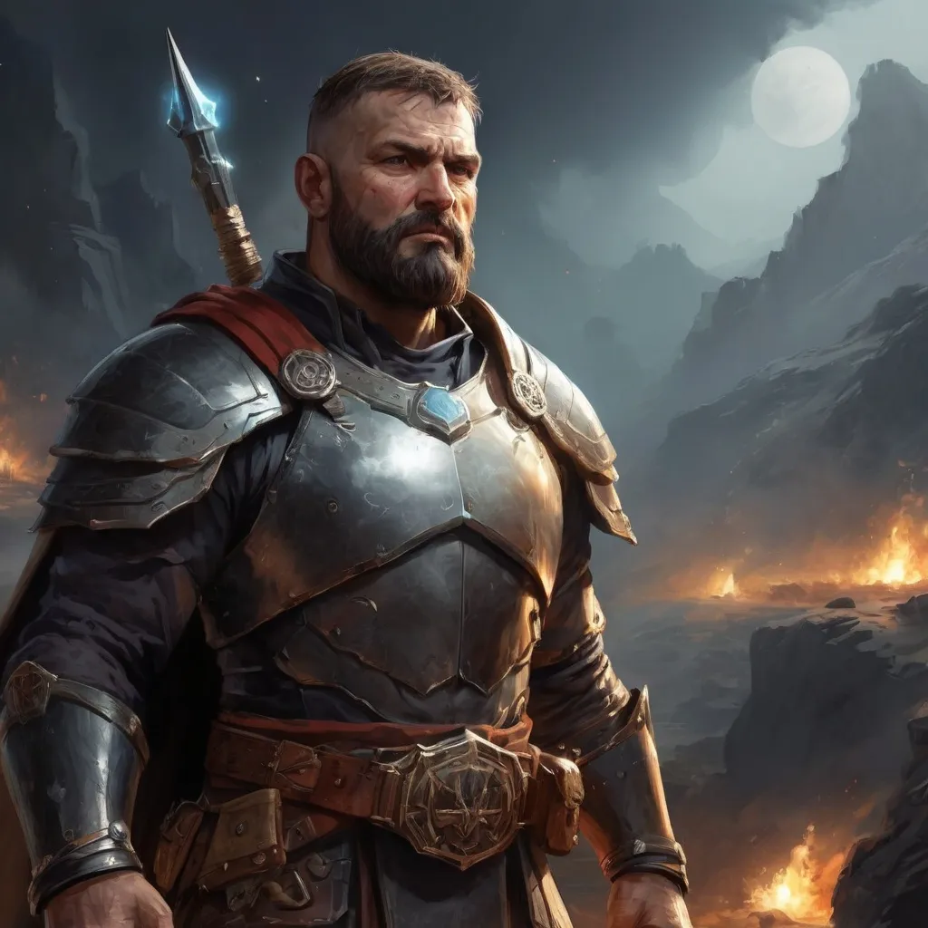 Prompt: Male stocky large mature warrior with short-cut hair and beard, exploring a dark astral dimention, pathfinder, d&d setting, in a realistic high quality digital art style, enhanced shadow quality