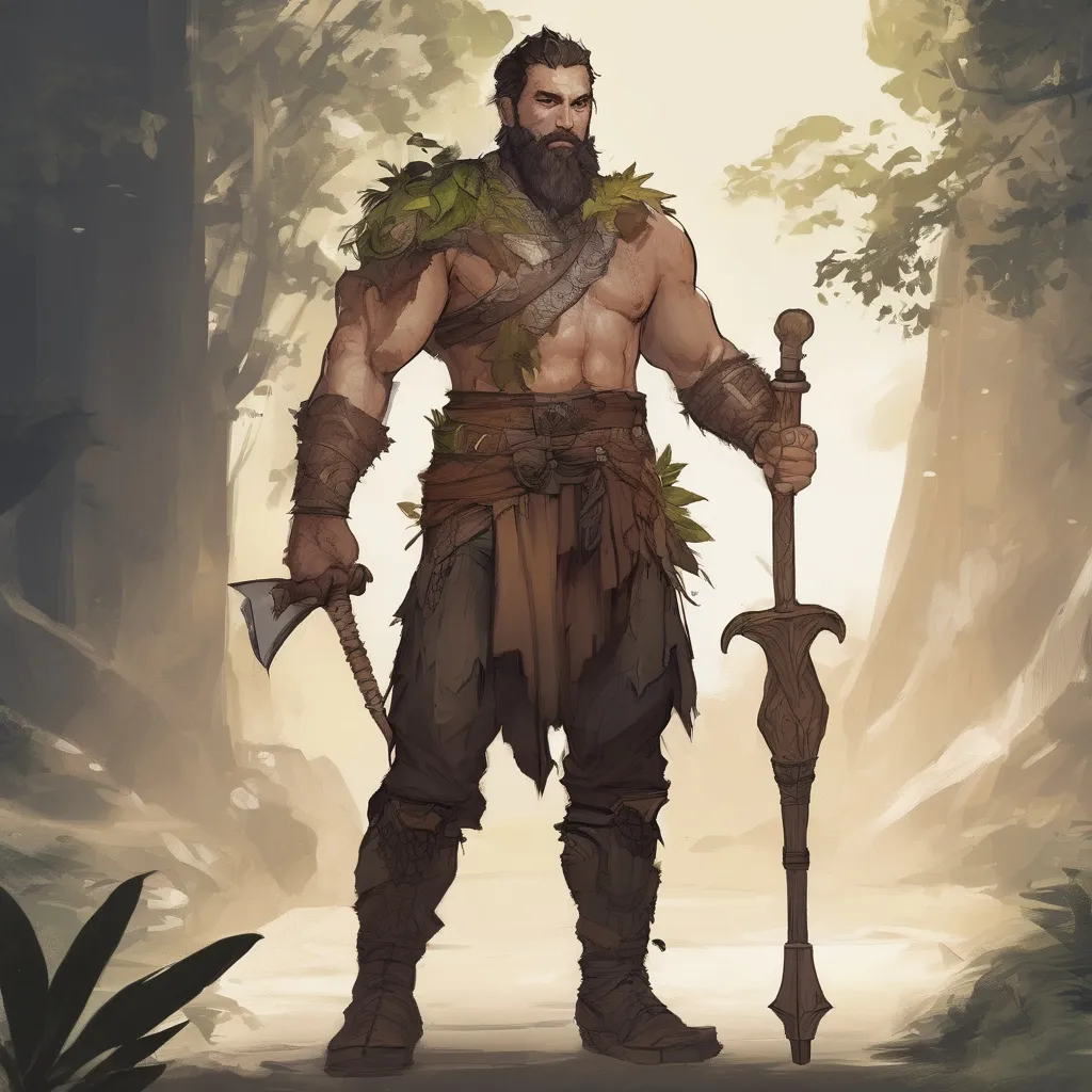 Prompt: (Full body) male stocky nowegian nature-druid with short-cut hair and beard, holding magic staff, no shirt on, with leaf-tattoos, in a dark dungeon with foilage, pathfinder, d&d setting, in a realistic digital art style