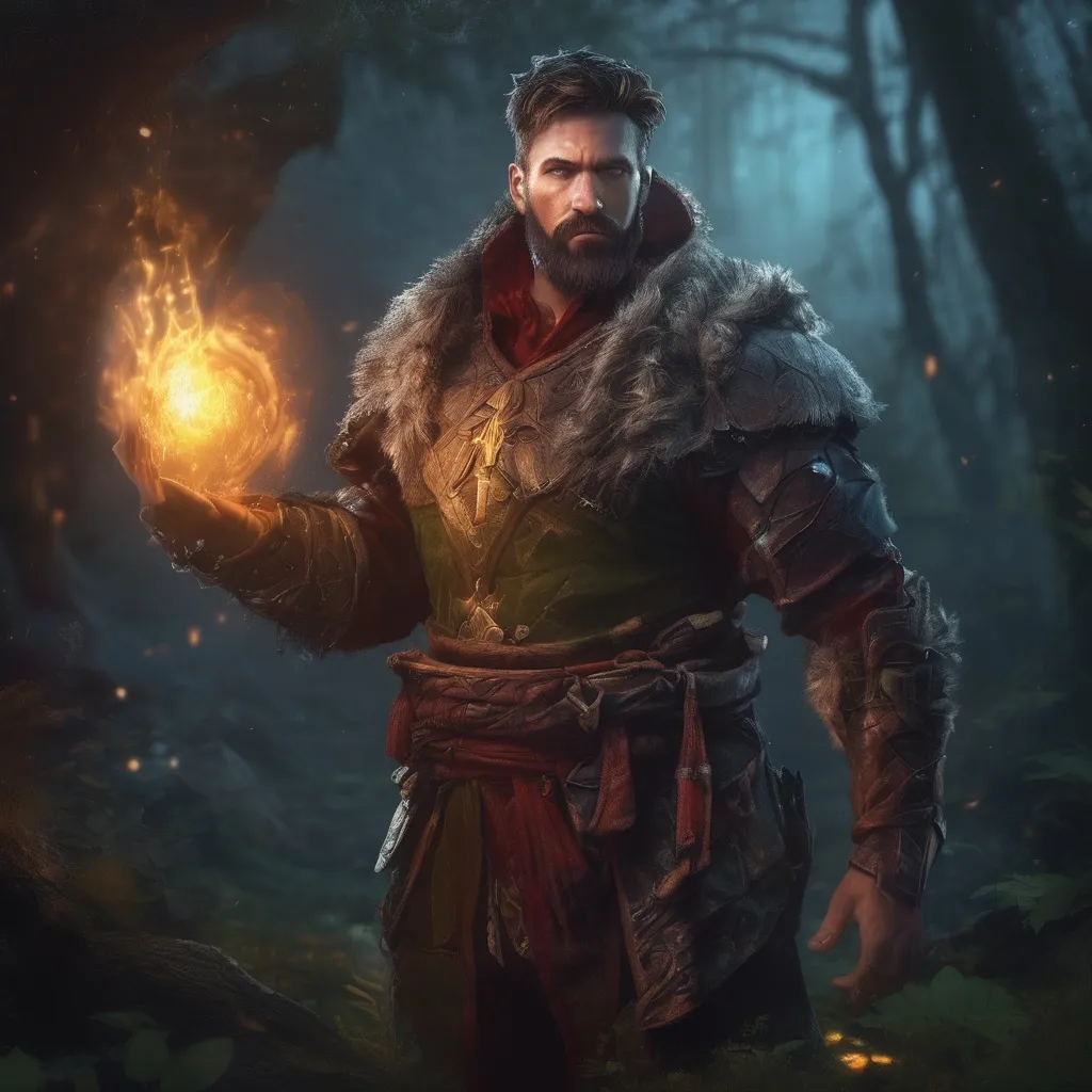 Prompt: (Full body) male handsome large muscular magical warlock with short hair and beard, outside of a cave by a forest at night, pathfinder, d&d setting, in a realistic high quality digital art style