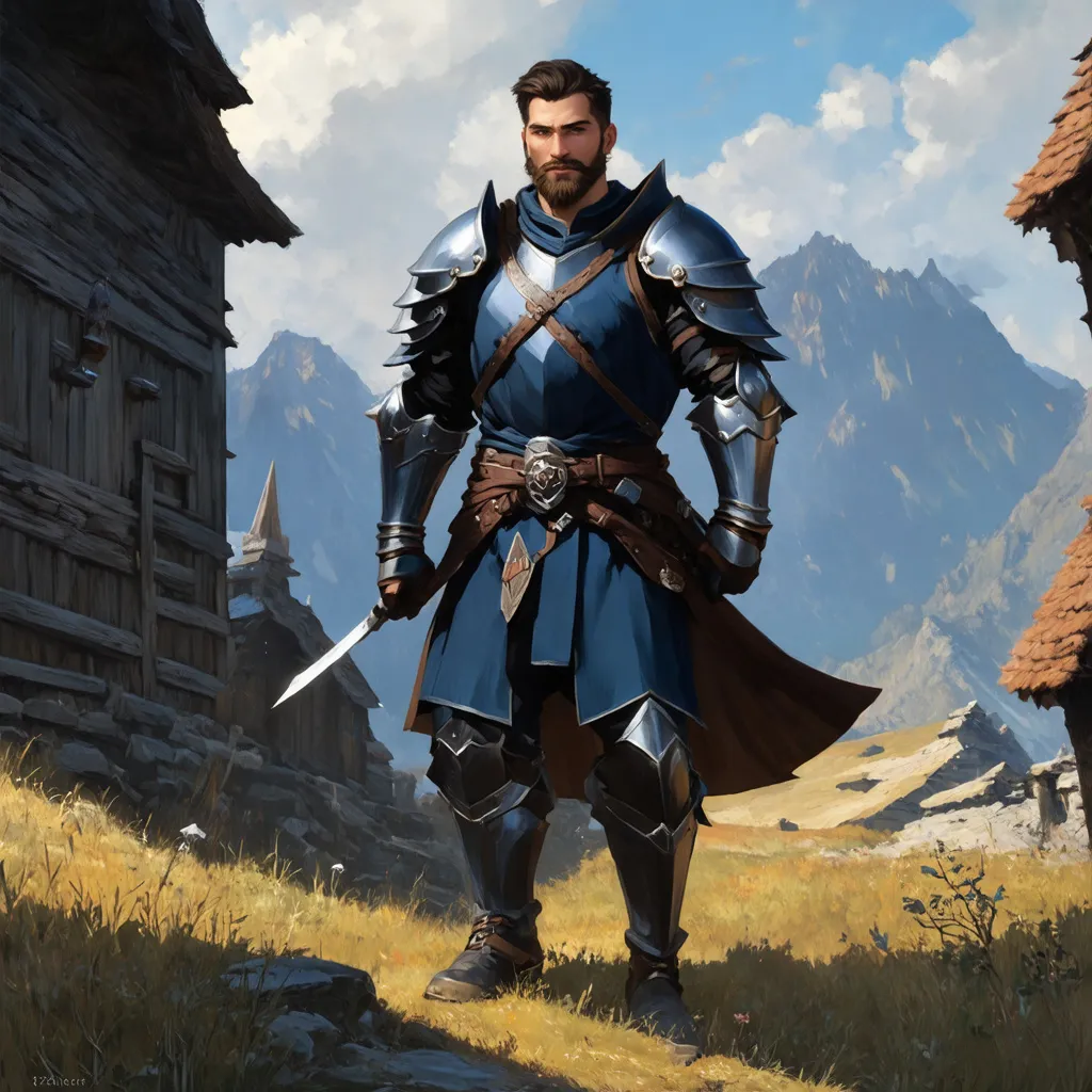 Prompt: (Full body) male rogue with short hair and beard, in rugged navy-blue armor, exploring a dark fantasy villiage by a mountain, pathfinder, d&d setting, in a detailed digital art style