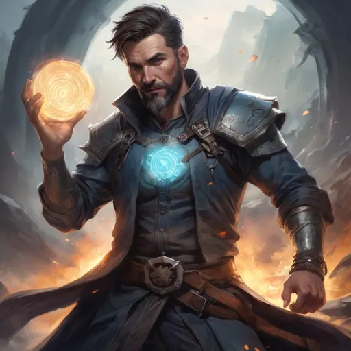 Prompt: Male heavy-set mature fit mystic with short-cut hair and beard, holding a magical portal-spell in hand, in a windy battlefield, pathfinder, d&d setting, enhanced shadow quality