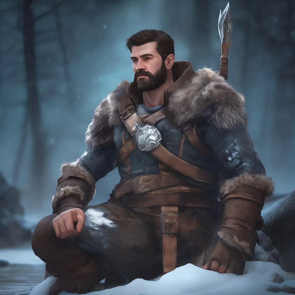 Prompt: (Full body) male handsome large muscular arctic hunter with short hair and beard, outside of a cave by a forest at night, pathfinder, d&d setting, in a realistic high quality digital art style