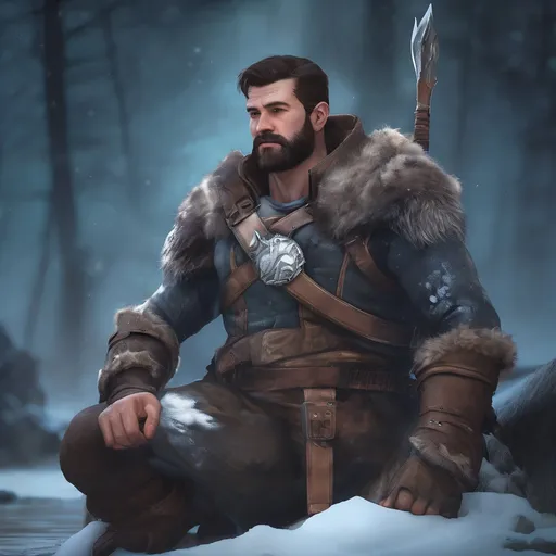 Prompt: (Full body) male handsome large muscular arctic hunter with short hair and beard, outside of a cave by a forest at night, pathfinder, d&d setting, in a realistic high quality digital art style