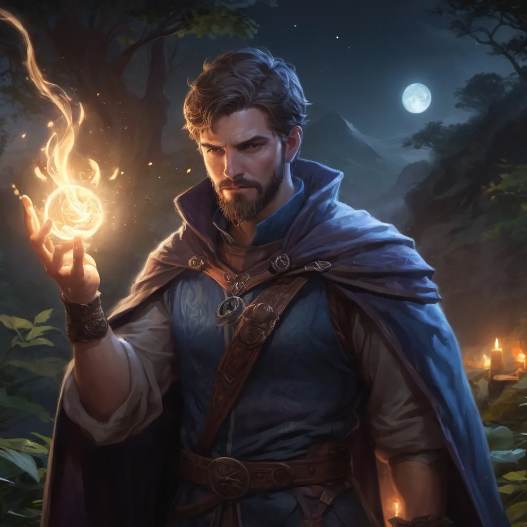 Prompt: A male stocky handsome sorcerer looks like with short-cut hair and beard, casting magic spell, in a nature at night, pathfinder, d&d setting, in a realistic high quality digital art style, shaded style