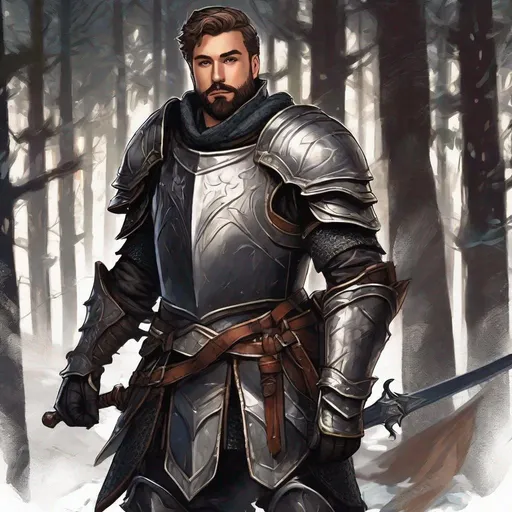 Prompt: (Full body) handsome knight with beautiful face and short cut hair  and beard , leather armor, pathfinder, dungeons and dragons, in a dark forest outside of a town, in a digital realistic painted style