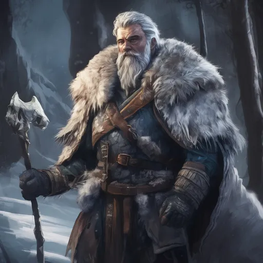 Prompt: (Full body) male handsome large muscular arctic druid with short hair and beard, outside of a cave by a forest at night, pathfinder, d&d setting, in a realistic high quality digital art style