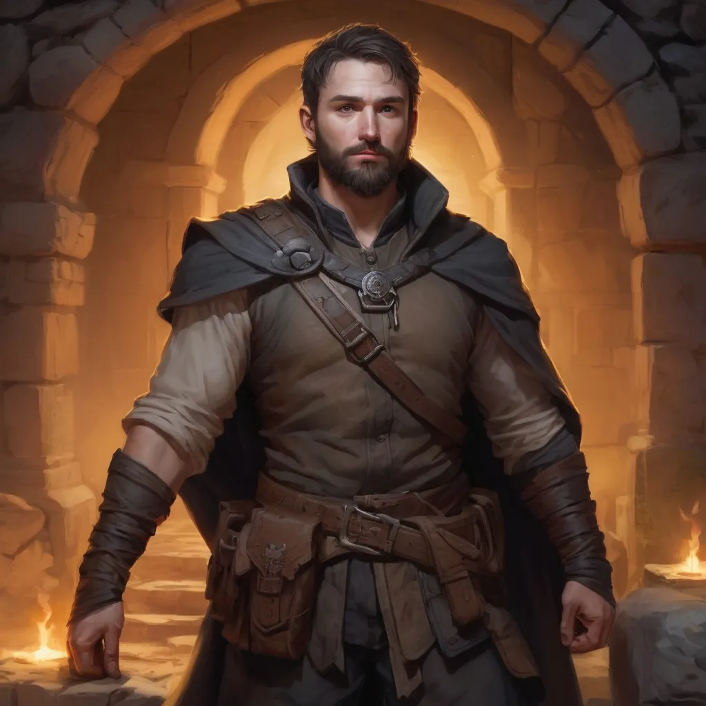 Prompt: Male stocky heavy-built rogue with short-cut hair and beard, outside of a cave entrance in a temple ruin at night, pathfinder, d&d setting, in a realistic high quality digital art style, enhanced shadow quality