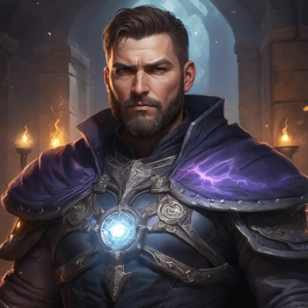 Prompt: (Torso) Male stocky large mature lightning-sorcerer with short-cut hair and beard, in a dark castle, surrounded by bright magic, pathfinder, d&d setting, in a realistic high quality digital art style, enhanced shadow quality, colorful