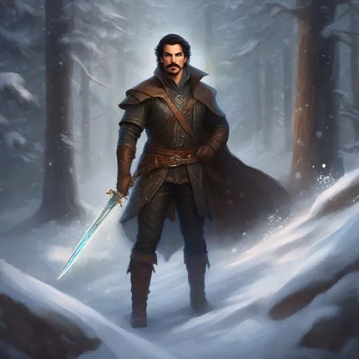 Prompt: (Full body) a male arcane rogue with mustache and stubble short-cut dark hair, handsome manly face, belt, boots, leather pants, holding magical dagger, swirly lights, standing outside of a snowy forest, fantasy setting, dungeons & dragons, in a painted style realistic art