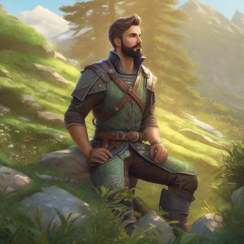 Prompt: A male artificer with short hair and beard, in nature, boots, pathfinder, in a detailed realistic digital art style