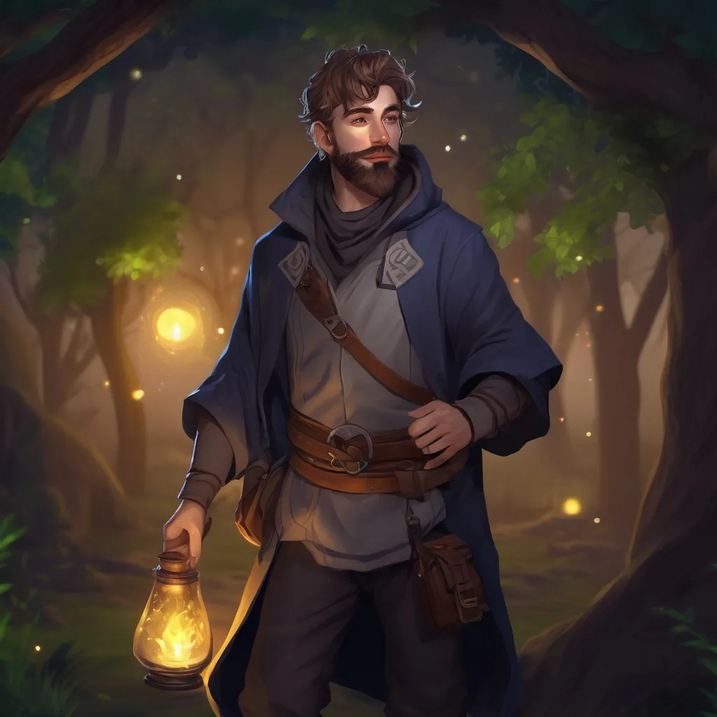 Prompt: (Full body) male alchemist with short hair and beard, in nature at night, pathfinder, d&d setting, in a realistic digital art style