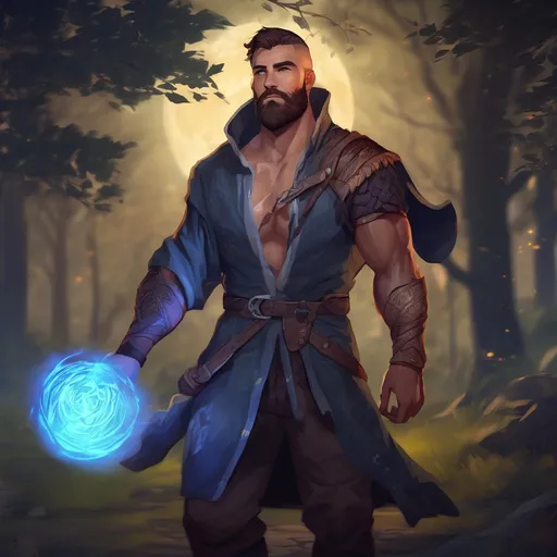 Prompt: (Full body) male muscular summoner with short hair and beard, in nature at night, pathfinder, d&d setting, in a realistic digital art style