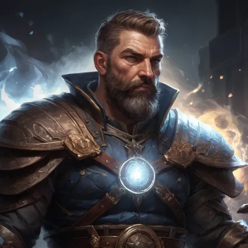 Prompt: Male stocky large mature muscular cleric with short-cut hair and beard, engaged in combat casting a prismatic-light spell inside of a dark dungeon, pathfinder, d&d setting, in a realistic high quality digital art style, enhanced shadow quality