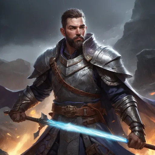 Prompt: Male stocky large battle-mage with short-cut hair and beard, wearing chainmail, engaged in combat casting a prismatic-spell on a battlefield in a rainstorm, pathfinder, d&d setting, in a realistic high quality digital art style, enhanced shadow quality, colorful