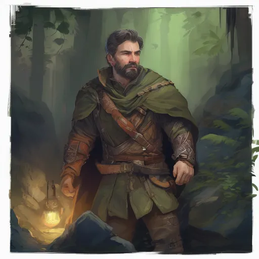 Prompt: (Full body) male stocky handsome arcane-ranger with short-cut hair and beard, in a forest cave at night pathfinder, d&d setting, in a realistic high quality digital art style