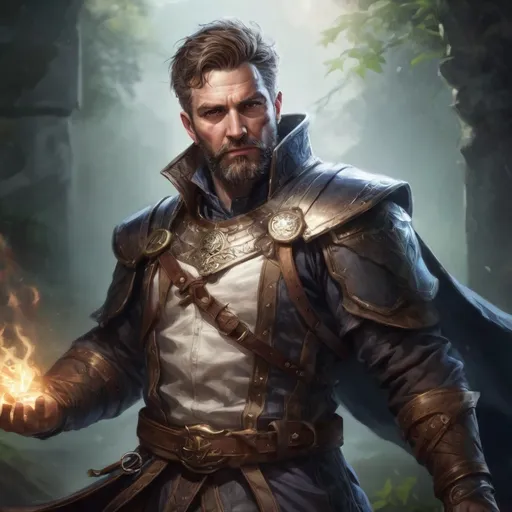 Prompt: (torso) Male stocky large mature fit battle-mage with short-cut hair and beard, engaged in combat casting a light-spell  nature, pathfinder, d&d setting, realistic, enhanced shadow quality