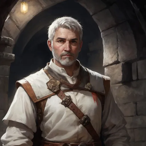 Prompt: Male stocky large mature white-mage with short-cut hair and beard, exploring a dark cellar, pathfinder, d&d setting, realistic, enhanced shadow quality