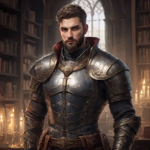 Prompt: (Full body) male stocky masculine manly hunky royal knight with short hair and beard, hairy chest, in a dark library, pathfinder, d&d setting, in a realistic high quality digital art style