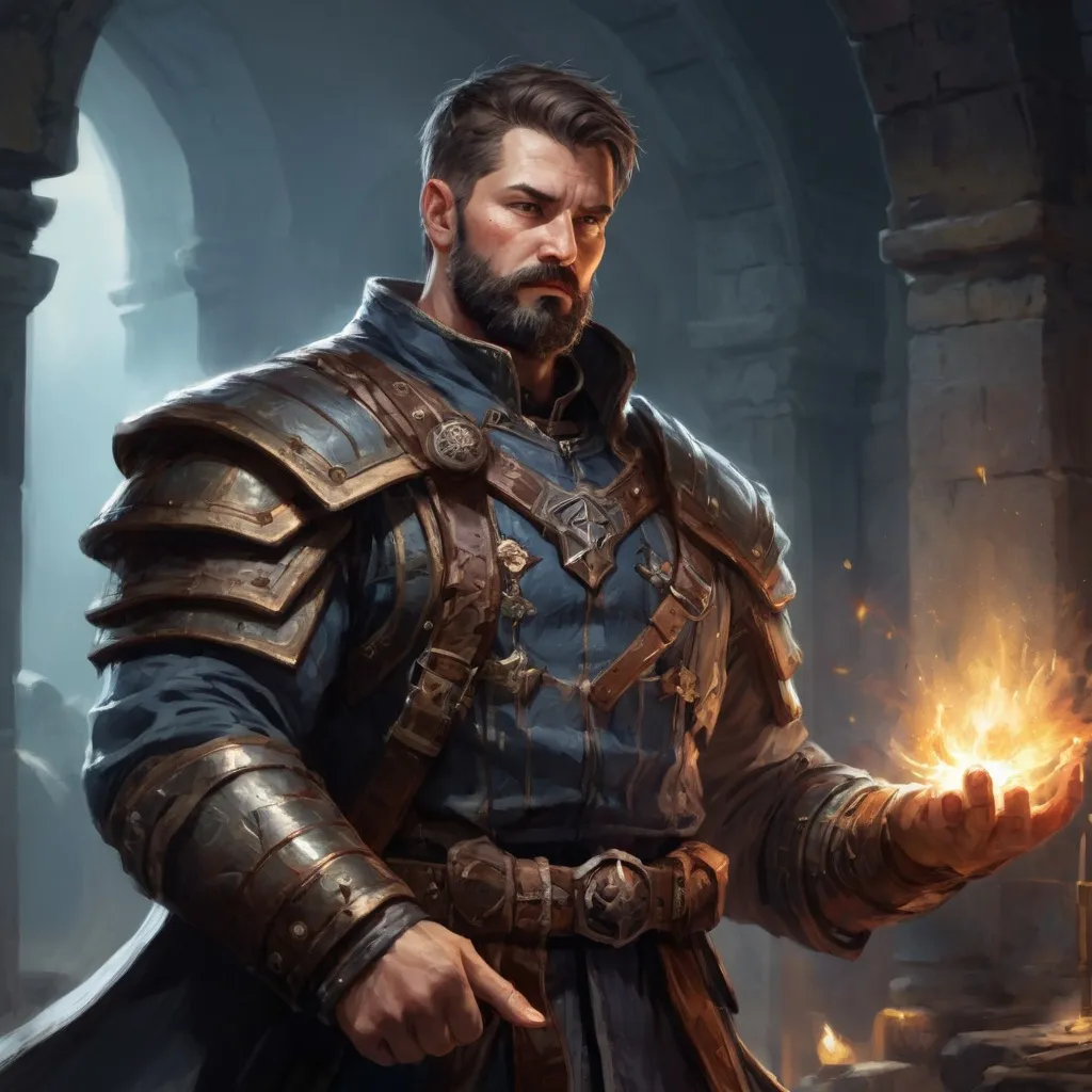 Prompt: Male stocky large fit cleric with short-cut hair and beard,  in combat casting a magic out of hands in dark castle, pathfinder, d&d setting,realistic high quality, enhanced shadow quality, colorful