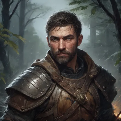 Prompt: Male stocky hairy mature warrior in  a breastplate, with short hair and beard, in a dark thicket by a battlefield at night in a rainstorm, pathfinder, d&d setting, in a realistic high quality digital art style, enhanced shadow quality, colorful