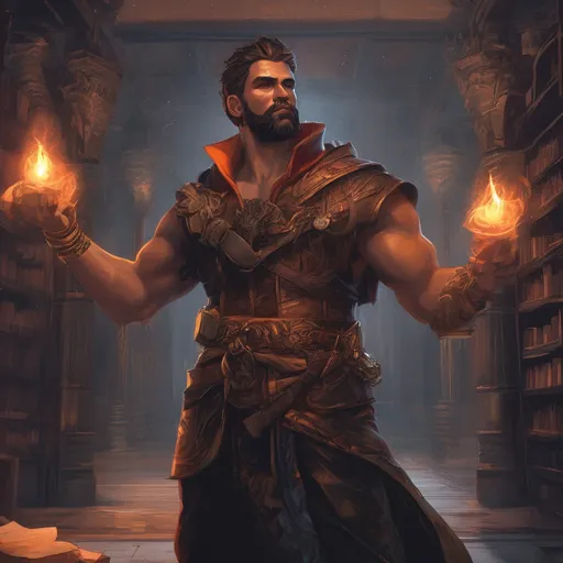 Prompt: (Full body) male stocky muscular big-chested young warlock with striped short hair and beard, hairy chest, casting swirly bright spell, in a dark library, pathfinder, d&d setting, in a realistic high quality digital art style