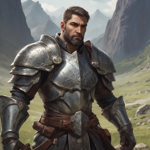 Prompt: Male heavy-set mature muscular holy-knight with short-cut hair and beard, in a windy valley in a battle, pathfinder, d&d setting, enhanced shadow quality