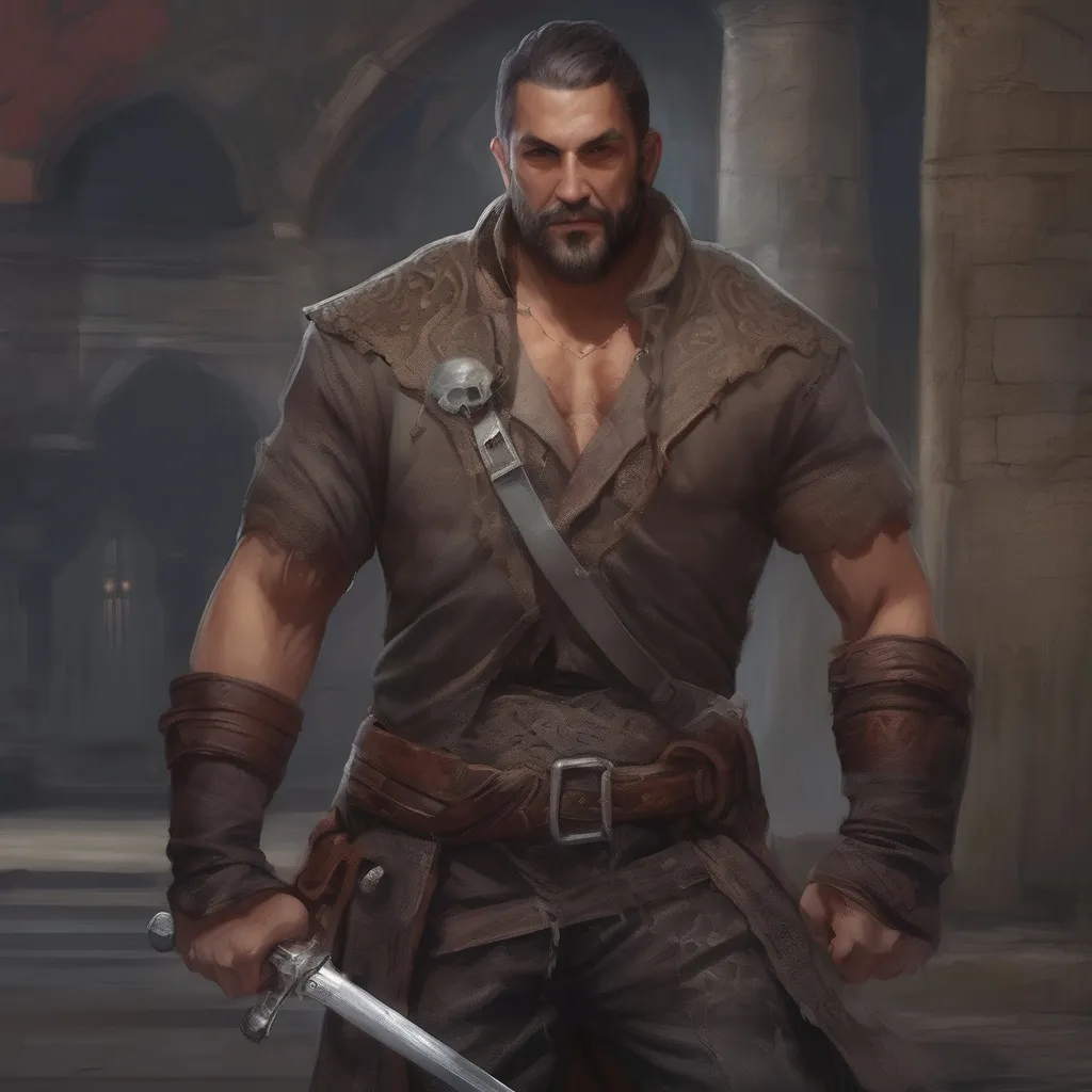 Prompt: (Full body) male stocky big-chested pirate bandit with short hair and beard, no shirt on, in a dark castle, pathfinder, d&d setting, in a realistic digital art style