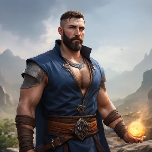 Prompt: (head and torso) Male heavy-set fit 30-year old hunky druid with short-cut hair and beard, holding magic-spell, in a windy nature at night, pathfinder, d&d setting, enhanced shadow quality