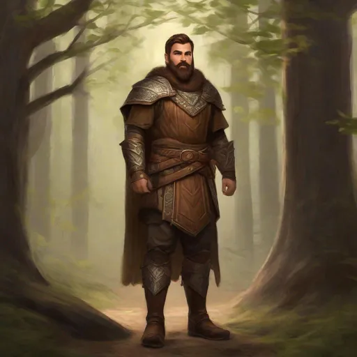 Prompt: (Fullbody) male adult druid manly face, brown short-hair short-bearded, natural wooden armor, hairy chest, heavy belt, brown boots, pathfinder, dungeons and dragons, dark forest faint light, in a painted style, realistic
