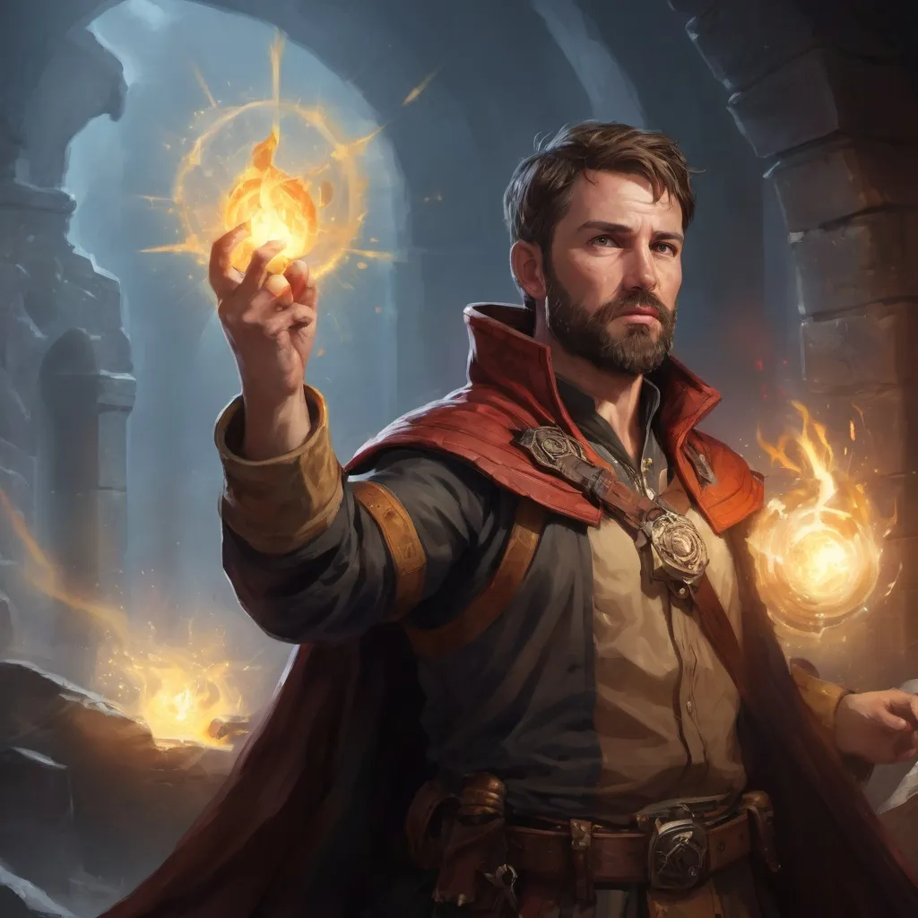 Prompt: (head and torso) Male stocky large mature engineer with short-cut brown hair and beard, engaged in combat casting a light spell inside of a dark dungeon, pathfinder, d&d setting, in a realistic high quality digital art style, enhanced shadow quality, wearing colorful robes