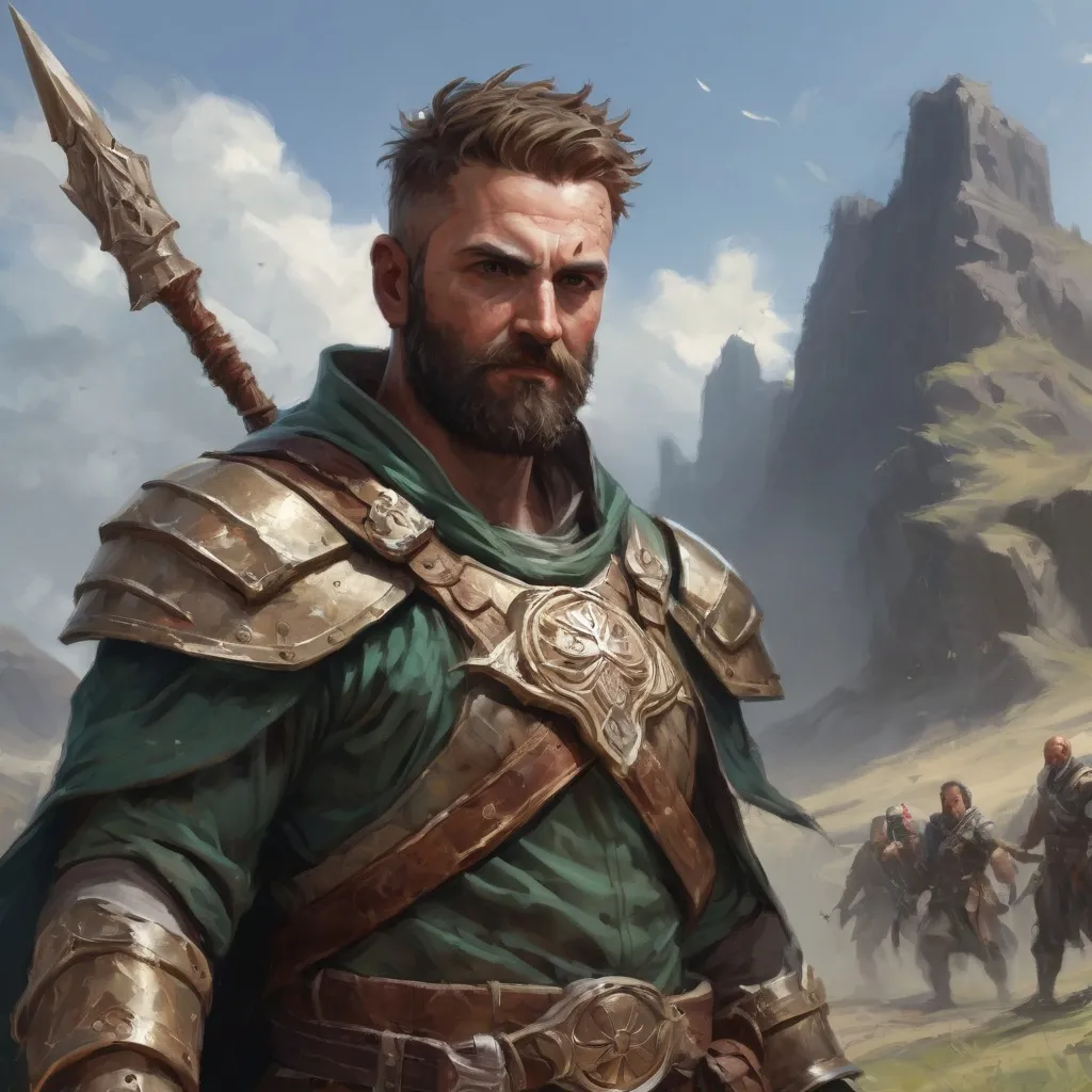 Prompt: Male heavy-set mature fit druid with short-cut hair and beard, casting healing-magic out of hands on a wounded male warrior with short hair and a beard, in a windy battlefield, pathfinder, d&d setting, enhanced shadow quality