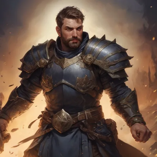 Prompt: male stocky large paladin with short hair and beard, big belly broad shoulders, in a battle field at night, pathfinder, d&d setting, in a realistic high quality digital art style, enhanced shadow quality