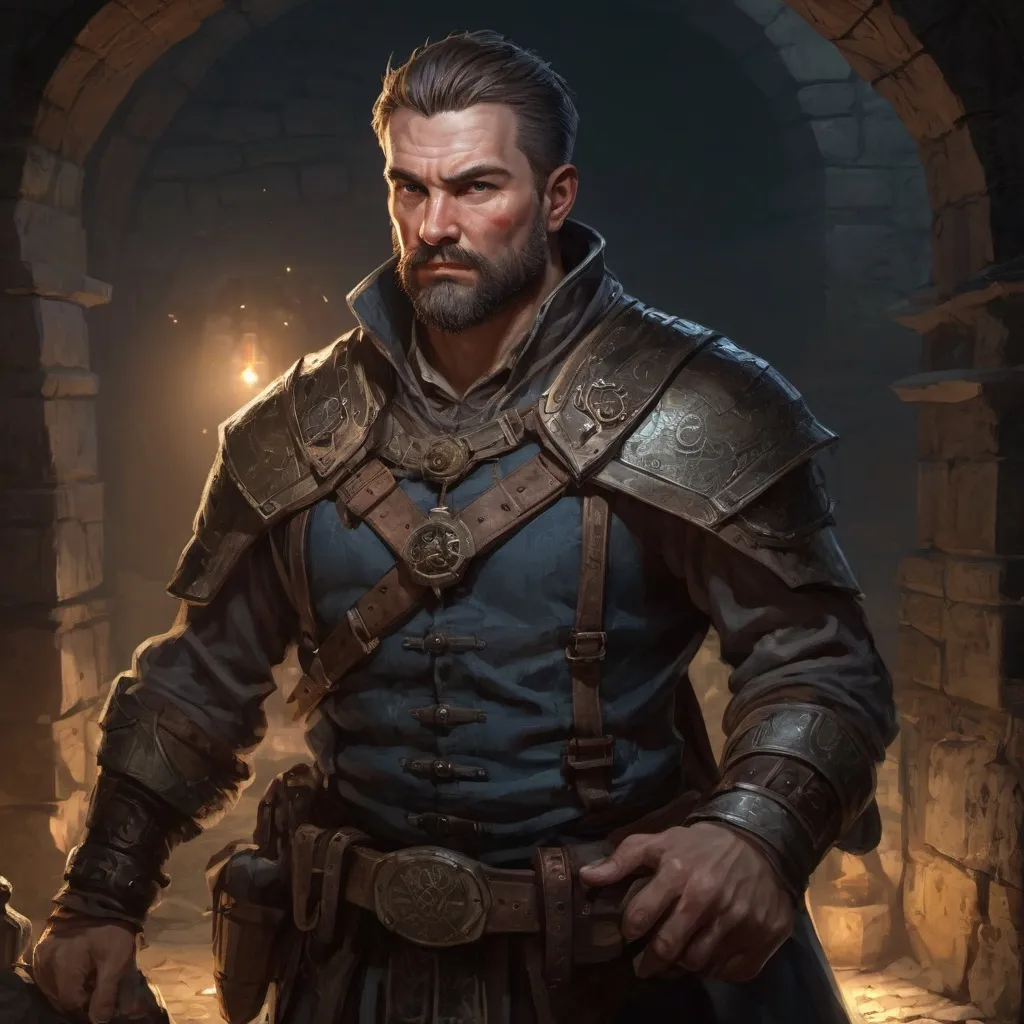 Prompt: Male stocky mature treasure-hunter with short-cut hair and beard, inside of a dungeon at night, pathfinder, d&d setting, in a realistic high quality digital art style, enhanced shadow quality