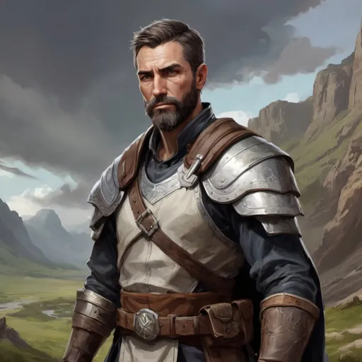Prompt: Male heavy-set mature ranger-warrior with short-cut hair and beard, in a windy valley, pathfinder, d&d setting, enhanced shadow quality