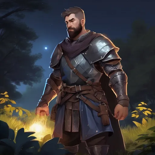 Prompt: (Full body) male stocky big-chested knight with short hair and beard, open shirt, in nature at night, pathfinder, d&d setting, in a realistic digital art style