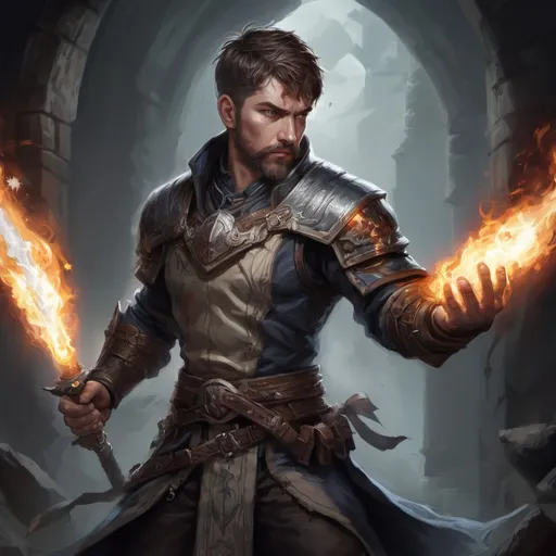 Prompt: Male stocky large battle-mage with short-cut hair and beard, engaged in combat casting a grey-light spell inside of a dark dungeon, pathfinder, d&d setting, in a realistic high quality digital art style, enhanced shadow quality, colorful