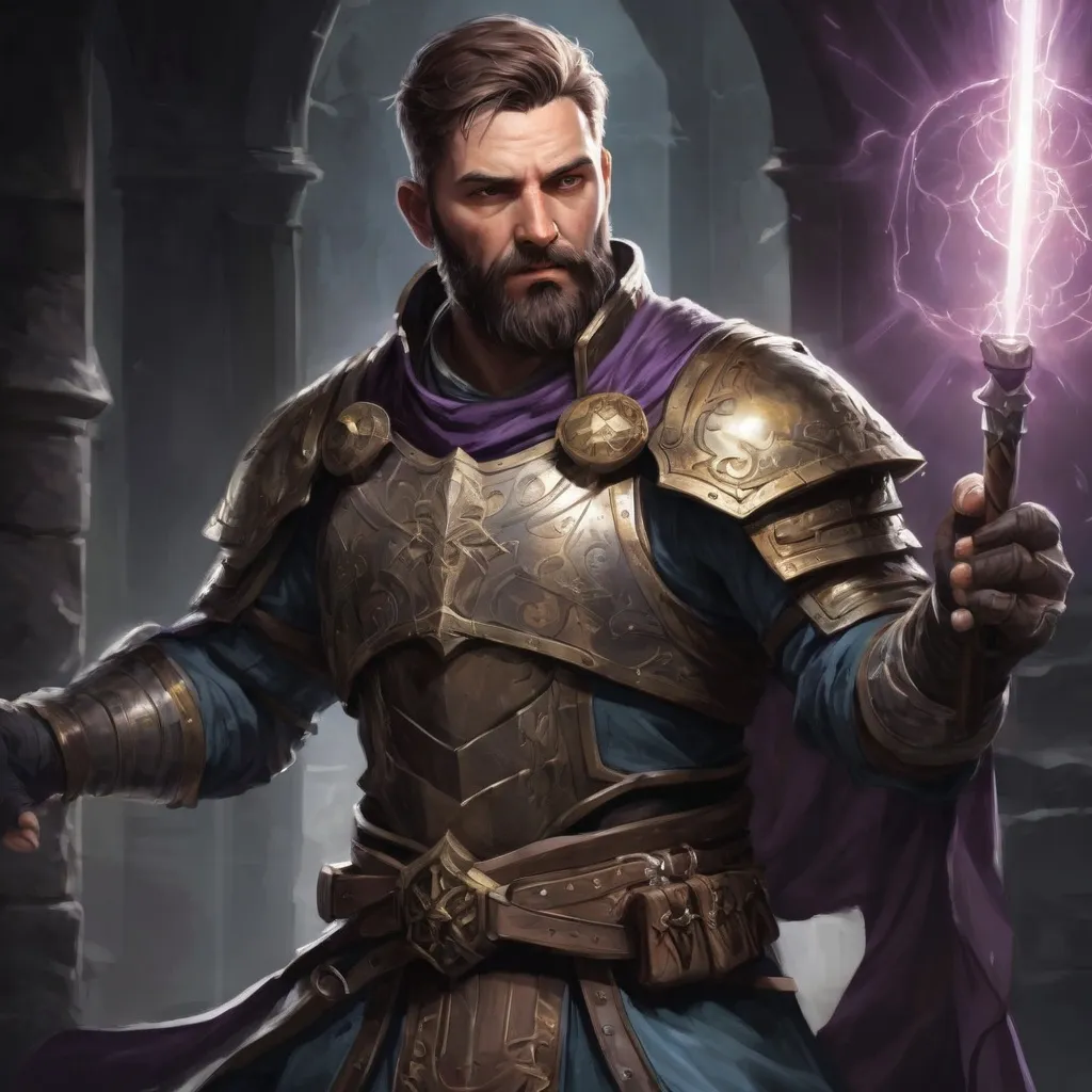 Prompt: (torso) Male stocky large cleric with short-cut hair and beard, engaged in combat casting a holy light spell inside of a dark dungeon, pathfinder, d&d setting, enhanced shadow quality, colorful colorful