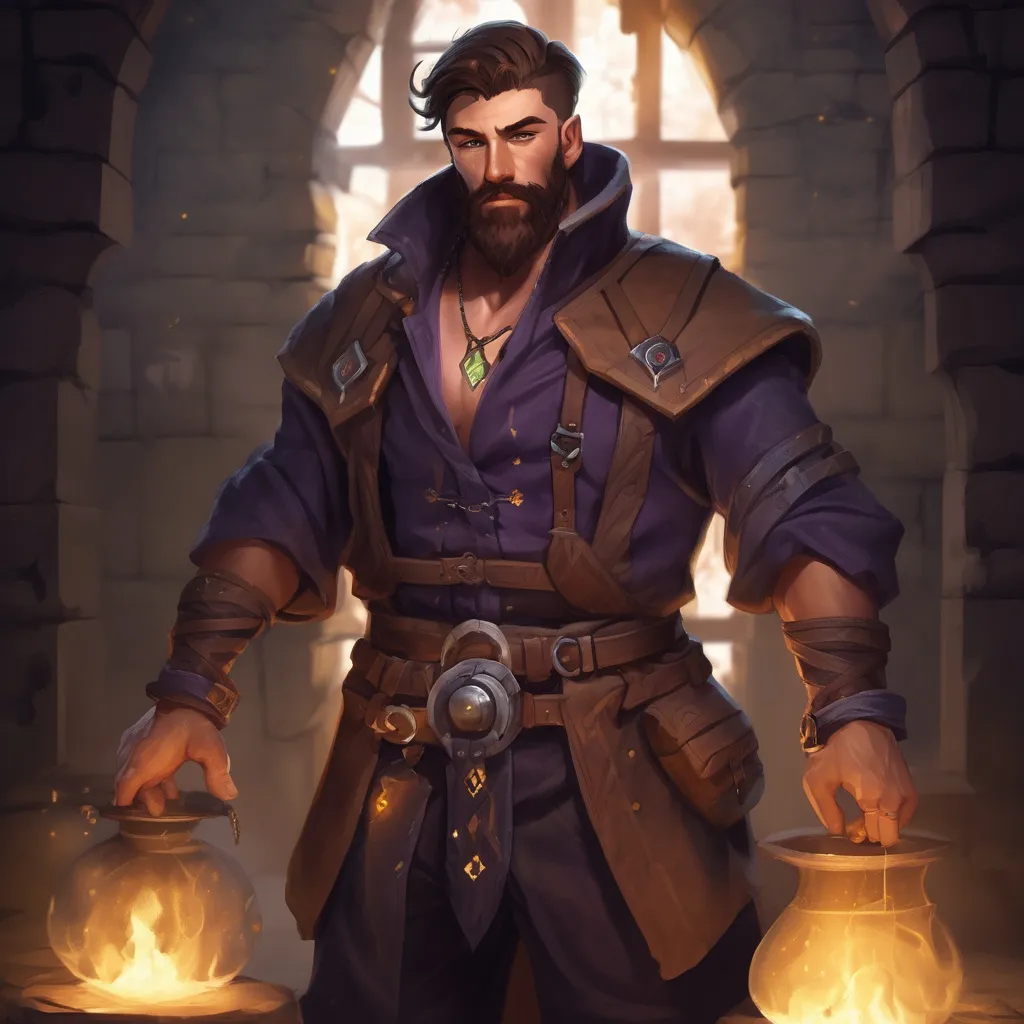 Prompt: (Full body) male magical muscular alchemist with short hair and beard, in a dungeon at night, pathfinder, d&d setting, in a realistic digital art style