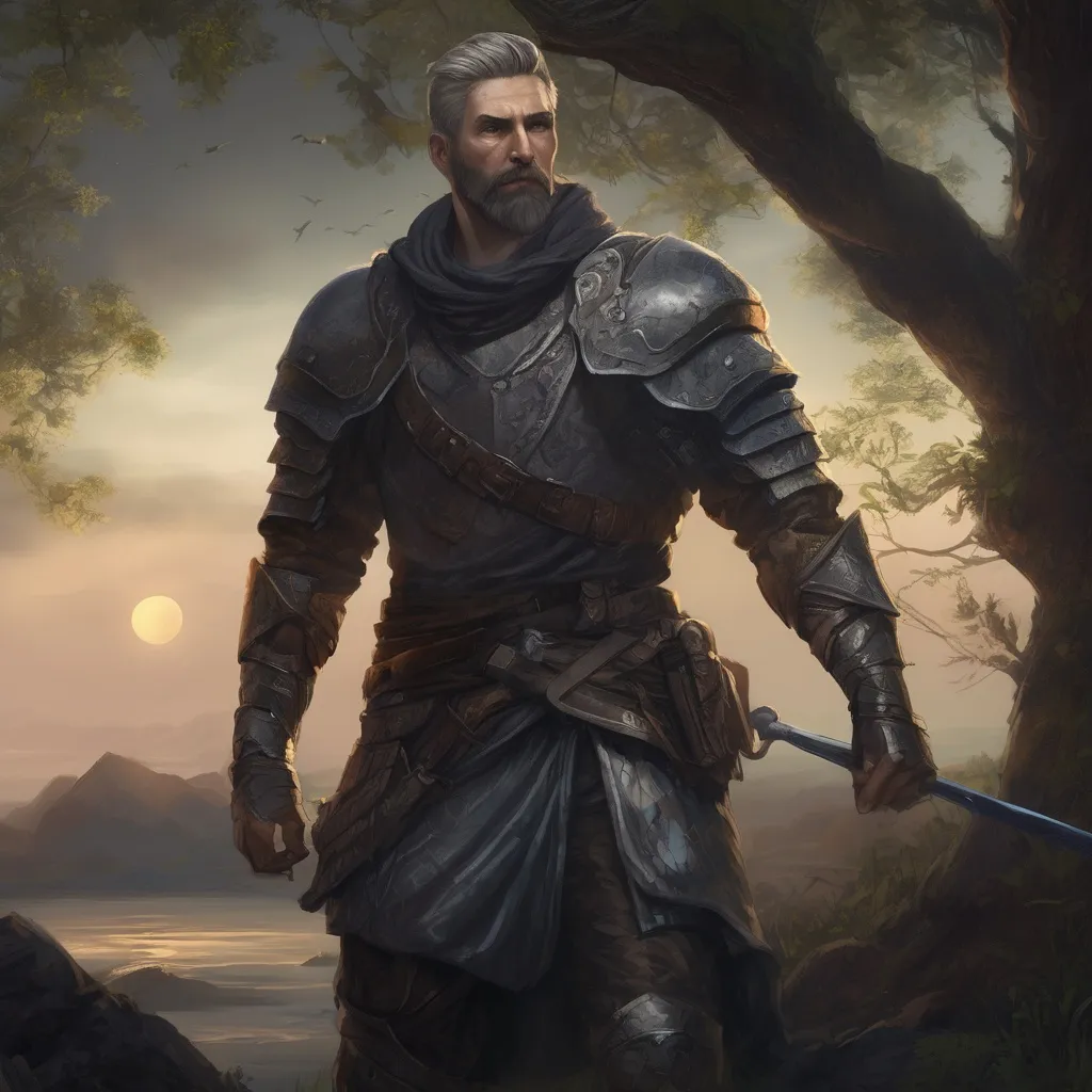 Prompt: (Full body) male handsome royal knight with short salt&pepper hair and beard, in nature at night, d&d setting, in a realistic digital art style